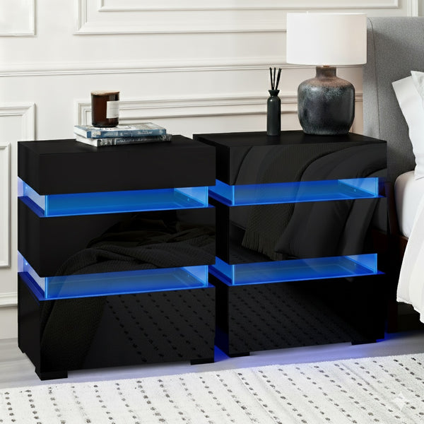 Artiss 2x Bedside Table LED 3 Drawers - LUMI Black Awezingly