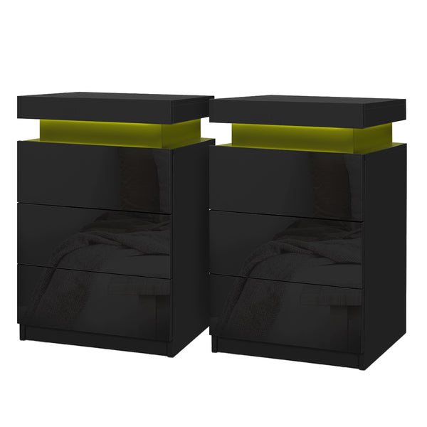 Artiss 2X Bedside Table LED 3 Drawers - COLEY Black Awezingly