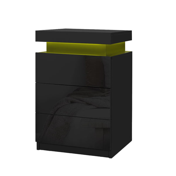 Artiss 2X Bedside Table LED 3 Drawers - COLEY Black Awezingly