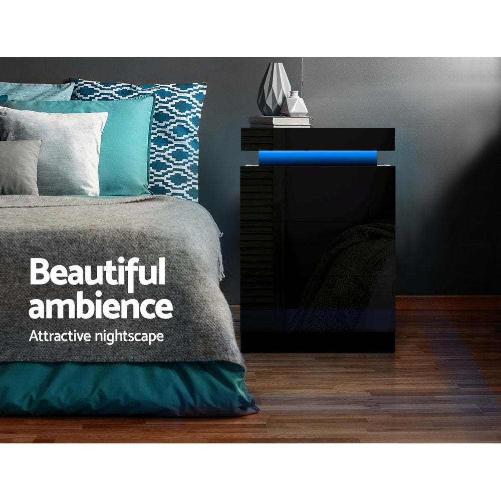 Artiss 2X Bedside Table LED 3 Drawers - COLEY Black Awezingly
