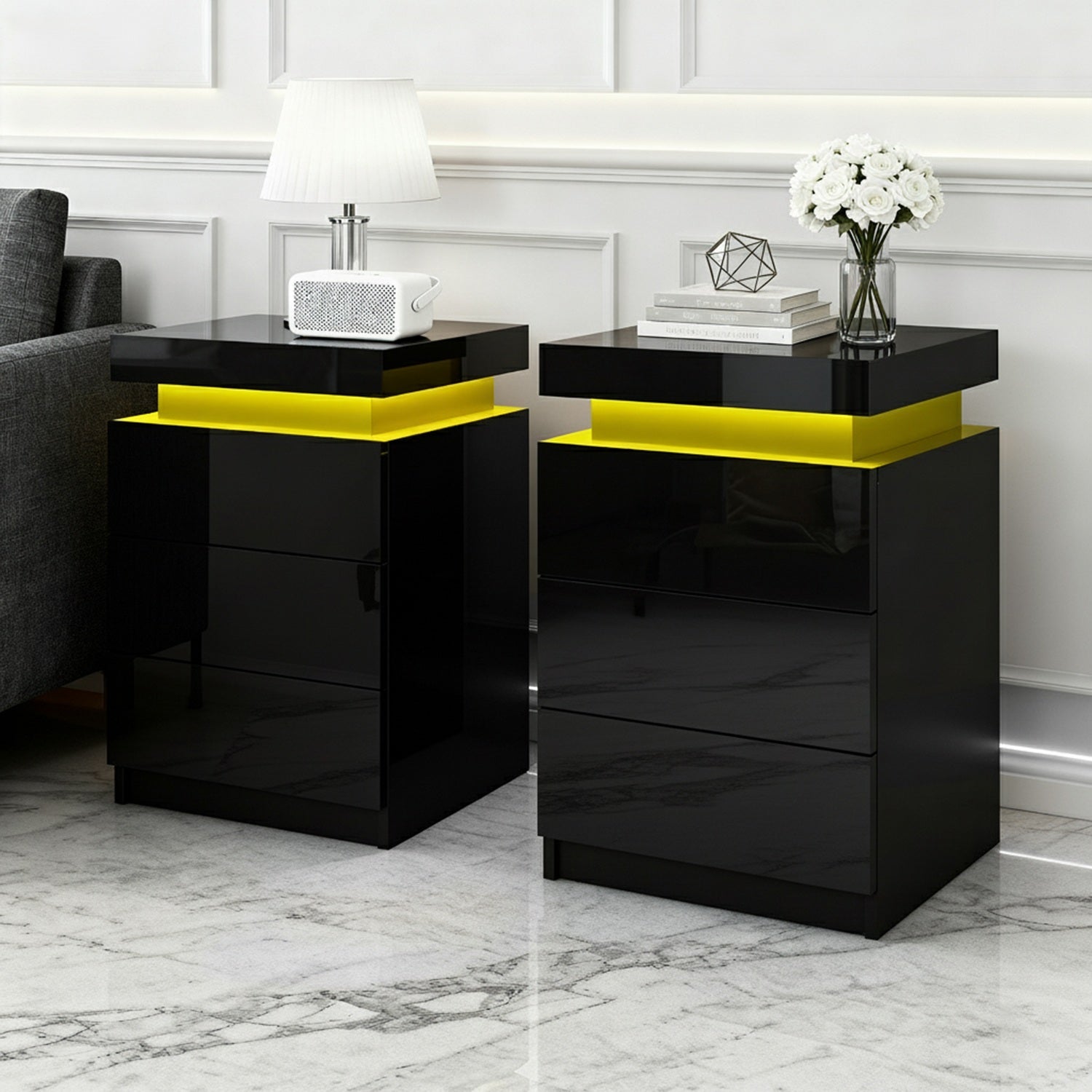 Artiss 2X Bedside Table LED 3 Drawers - COLEY Black Awezingly