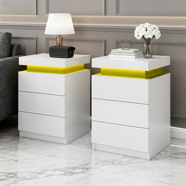 Artiss 2X Bedside Table LED 3 Drawers - COLEY White Awezingly