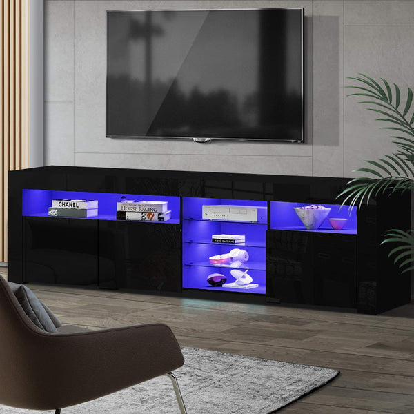 Artiss TV Cabinet Entertainment Unit Stand RGB LED Gloss 3 Doors 180cm Black Artiss