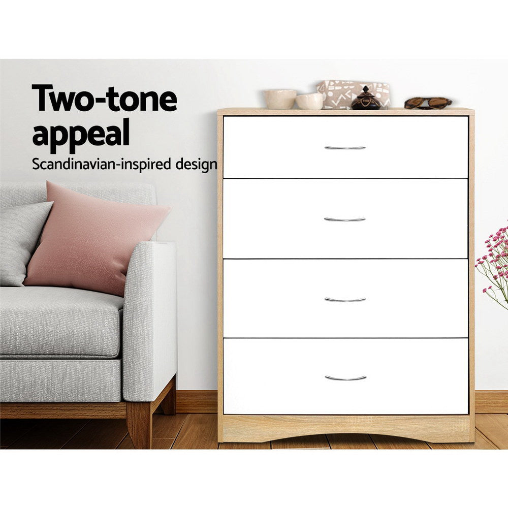 Artiss 4 Chest of Drawers Tallboy Dresser Table Bedroom Storage White Wood Cabinet Artiss