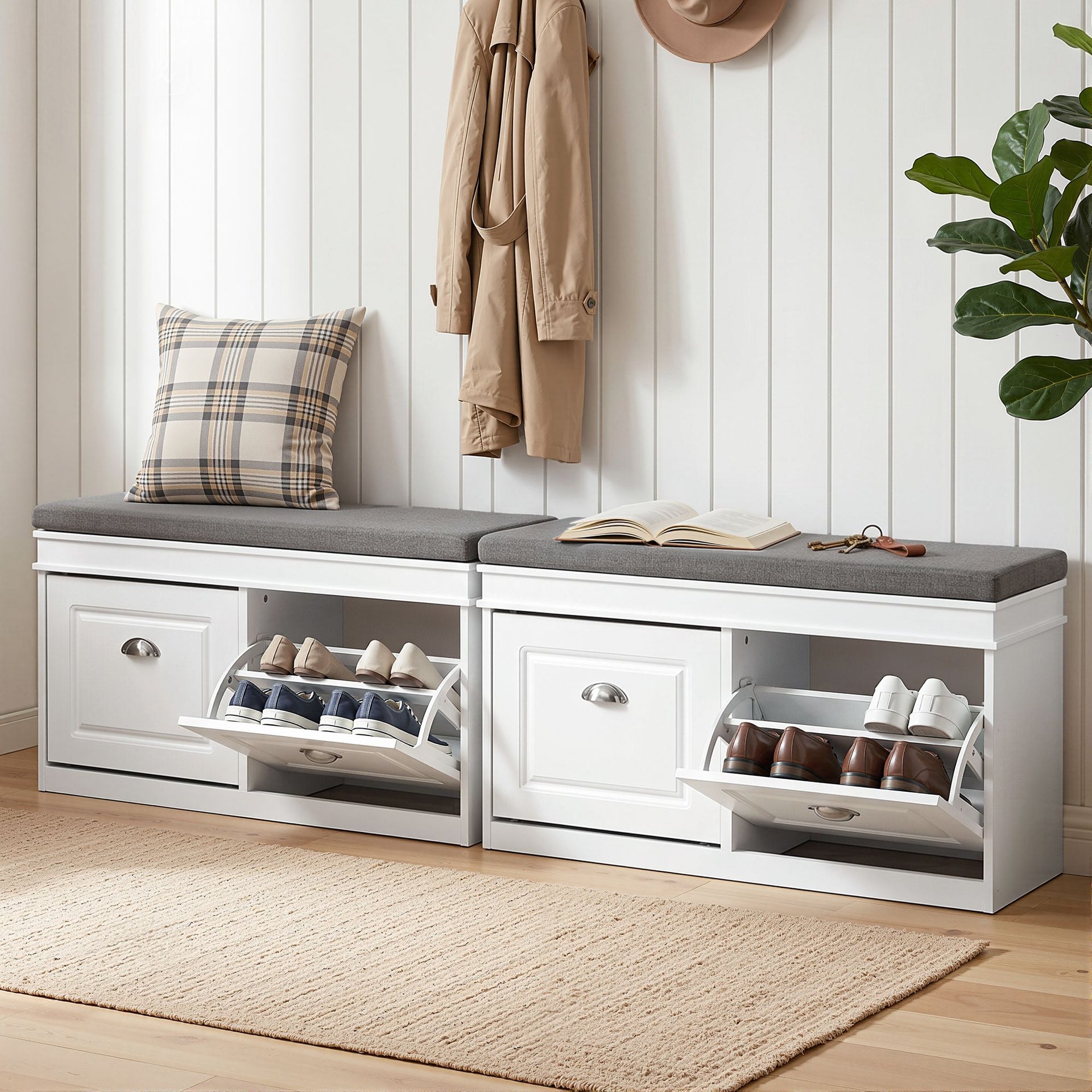 Artiss 2x Shoe Bench Set Flip Drawer White Awezingly