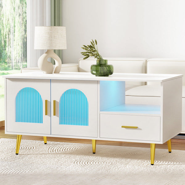 Artiss LED Coffee Table Shelf Drawer Storage White Artiss