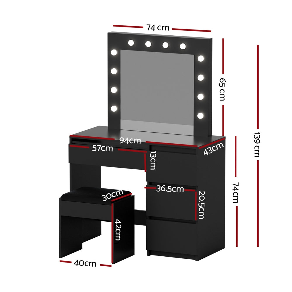 Artiss Dressing Table Set Stool 12 Led Bulbs Black Awezingly
