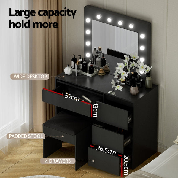 Artiss Dressing Table Set Stool 12 Led Bulbs Black Awezingly