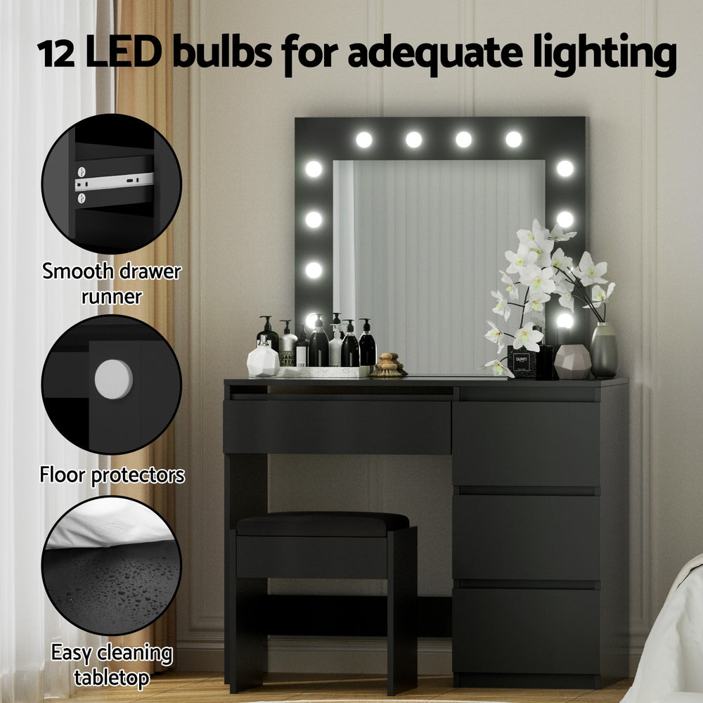 Artiss Dressing Table Set Stool 12 Led Bulbs Black Awezingly