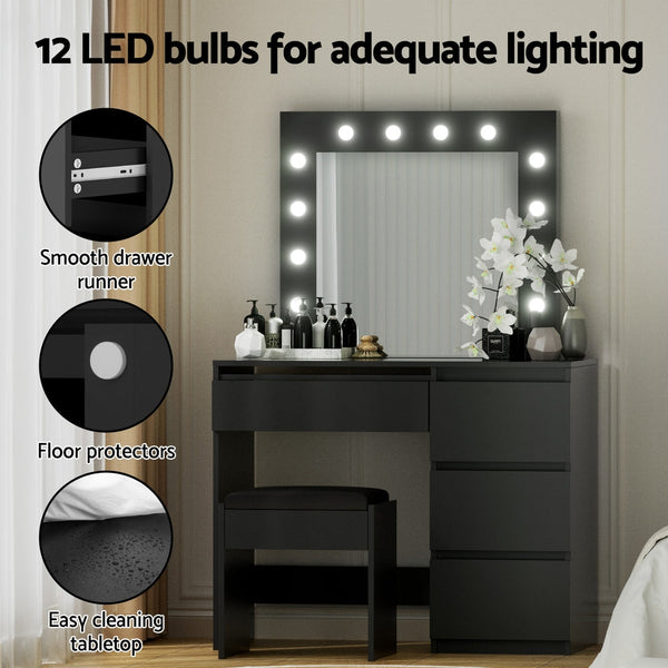 Artiss Dressing Table Set Stool 12 Led Bulbs Black Awezingly