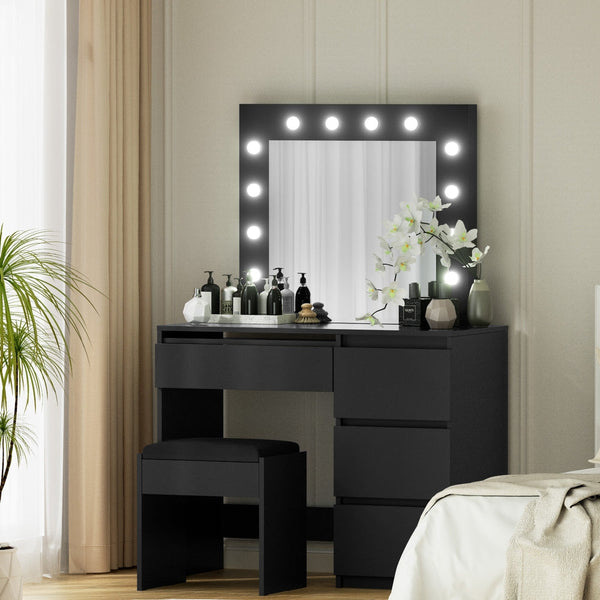 Artiss Dressing Table Set Stool 12 Led Bulbs Black Awezingly