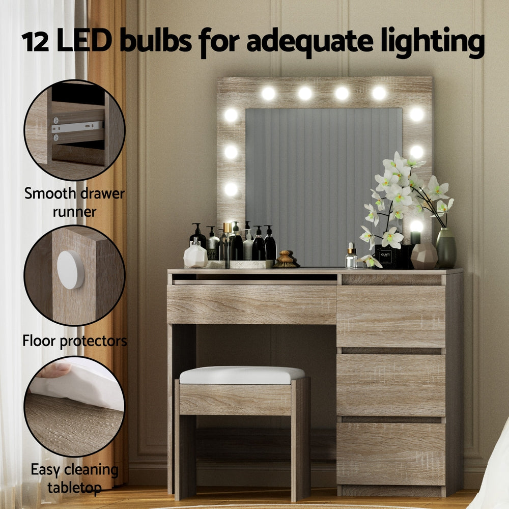 Artiss Dressing Table Set Stool 12 Led Bulbs Wood Awezingly