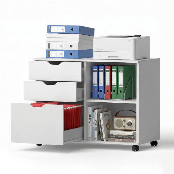 Artiss 3 Drawer Mobile Filing Cabinet Printer Stand Cabinet Home Office Storage White Awezingly