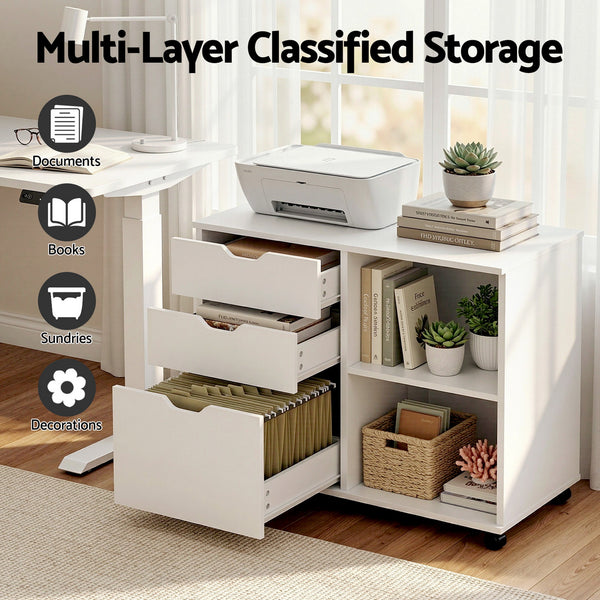 Artiss 3 Drawer Mobile Filing Cabinet Printer Stand Cabinet Home Office Storage White Awezingly