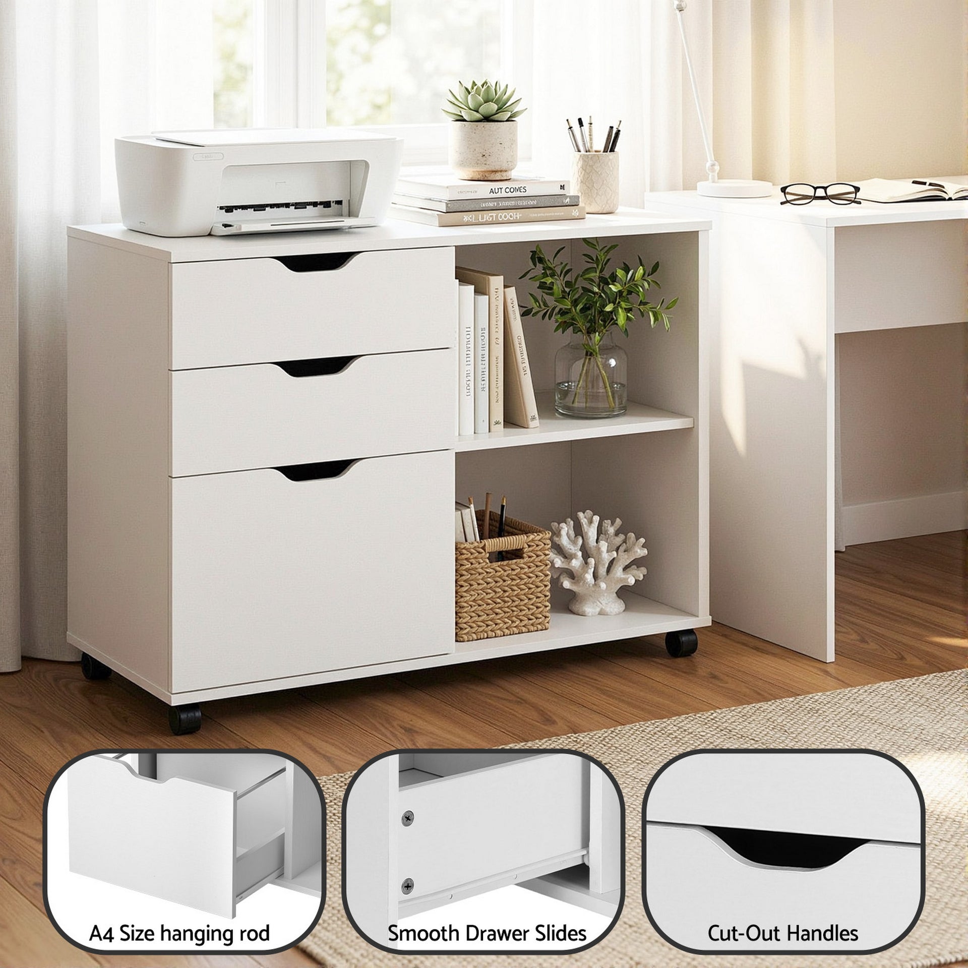 Artiss 3 Drawer Mobile Filing Cabinet Printer Stand Cabinet Home Office Storage White Awezingly