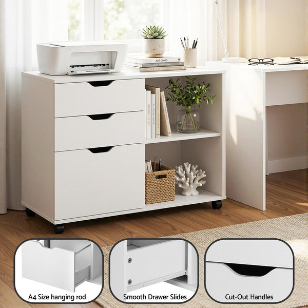 Artiss 3 Drawer Mobile Filing Cabinet Printer Stand Cabinet Home Office Storage White Awezingly