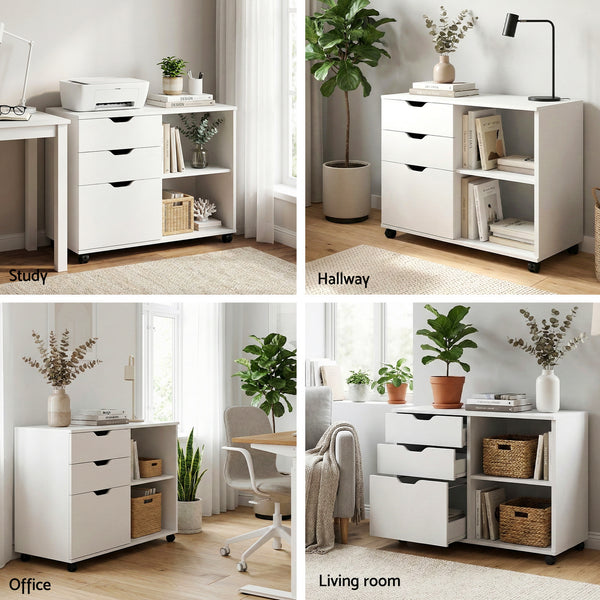 Artiss 3 Drawer Mobile Filing Cabinet Printer Stand Cabinet Home Office Storage White Awezingly