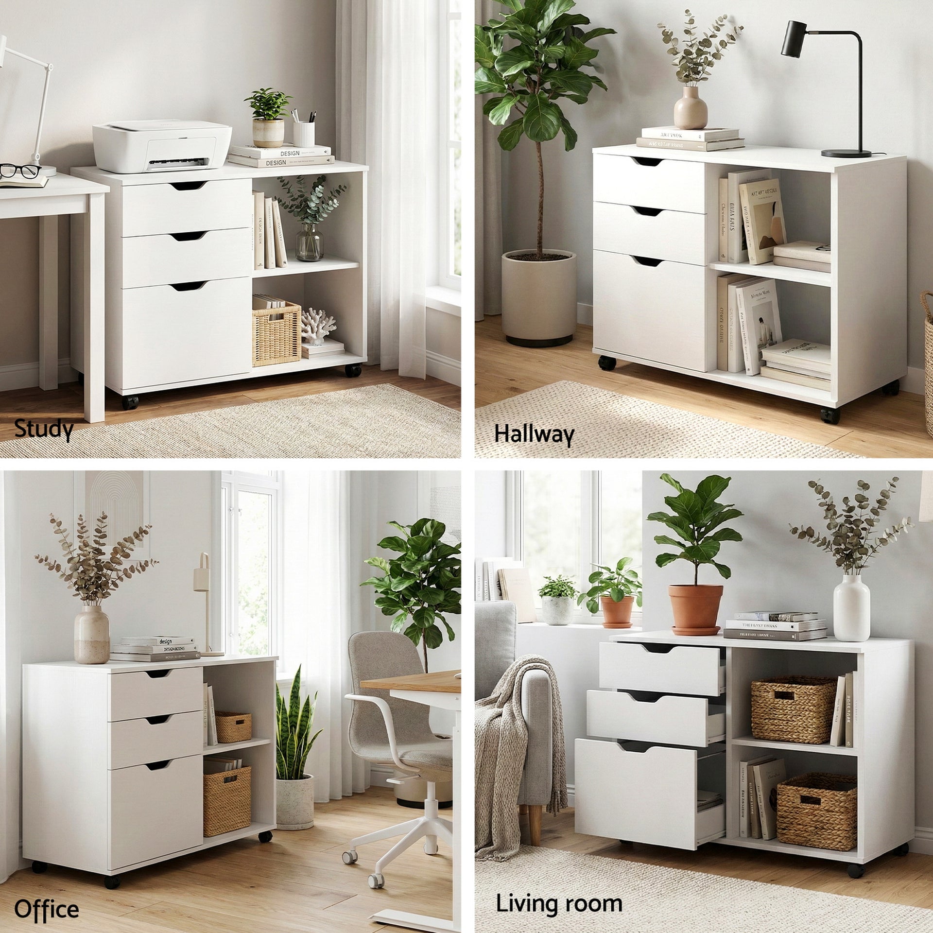 Artiss 3 Drawer Mobile Filing Cabinet Printer Stand Cabinet Home Office Storage White Awezingly