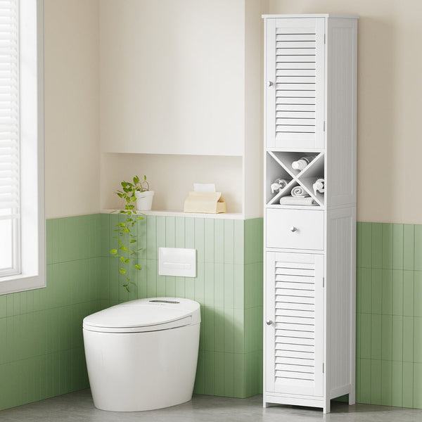 Artiss Bathroom Storage Cabinet 170cm Tall Slim Organiser Toilet Corner Adjustable Shelf Louver Door White Awezingly