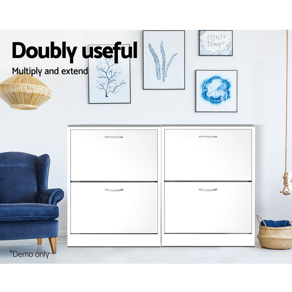 Artiss 2x Shoe Cabinet Storage Organiser 2 Flip Drawer White Awezingly