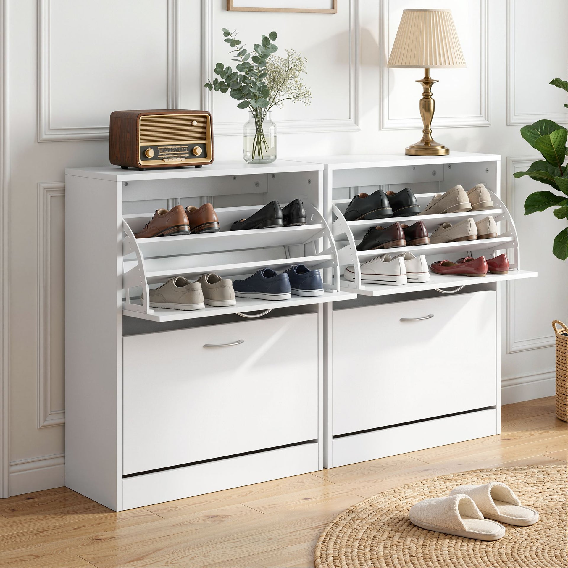 Artiss 2x Shoe Cabinet Storage Organiser 2 Flip Drawer White Awezingly