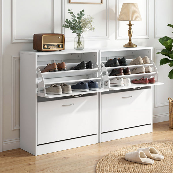 Artiss 2x Shoe Cabinet Storage Organiser 2 Flip Drawer White Awezingly