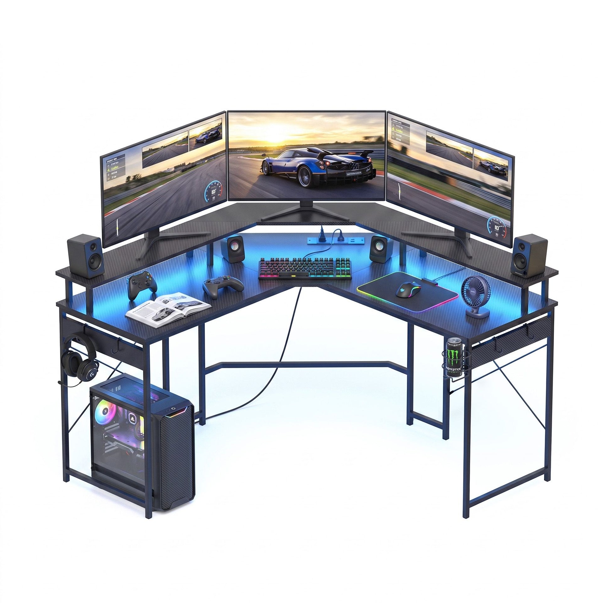 Artiss L-Shape Gaming Desk Computer Desks RGB LED Power Outlet 130cm Black Awezingly