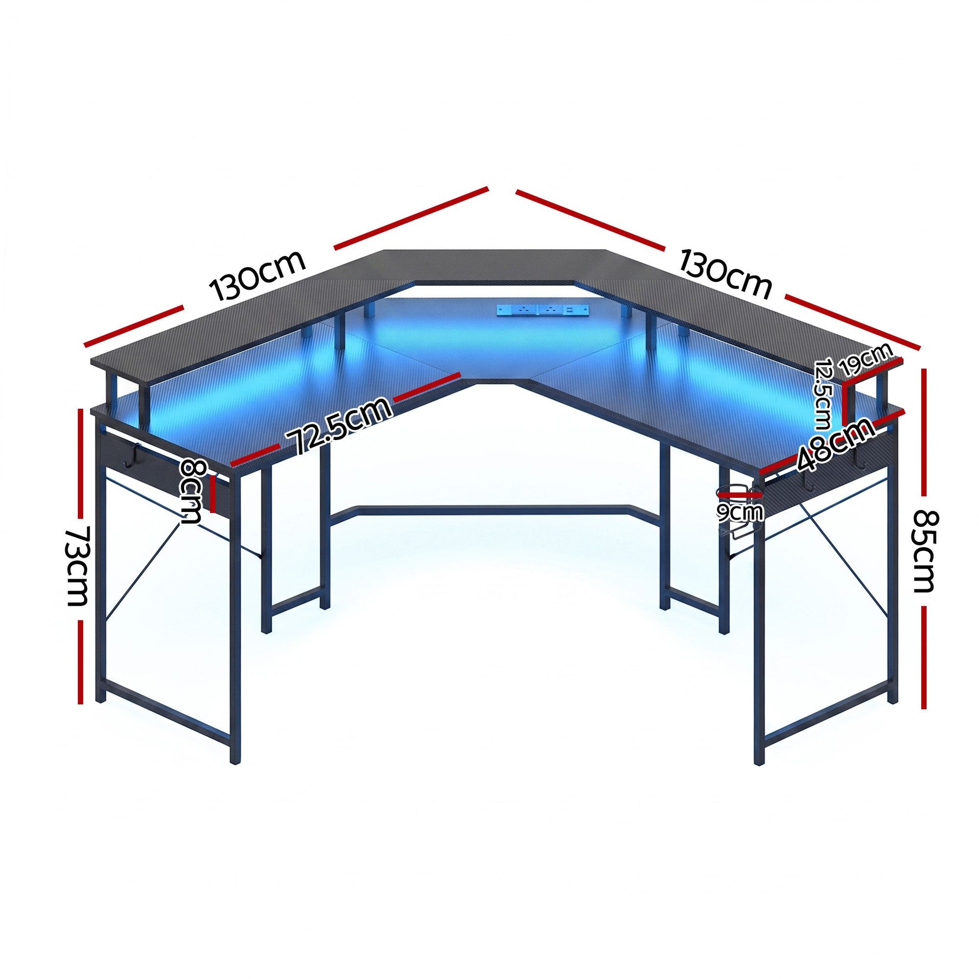 Artiss L-Shape Gaming Desk Computer Desks RGB LED Power Outlet 130cm Black Awezingly