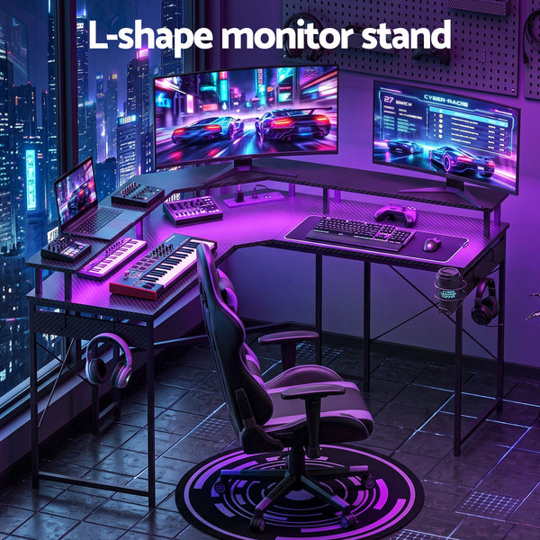 Artiss L-Shape Gaming Desk Computer Desks RGB LED Power Outlet 130cm Black Awezingly