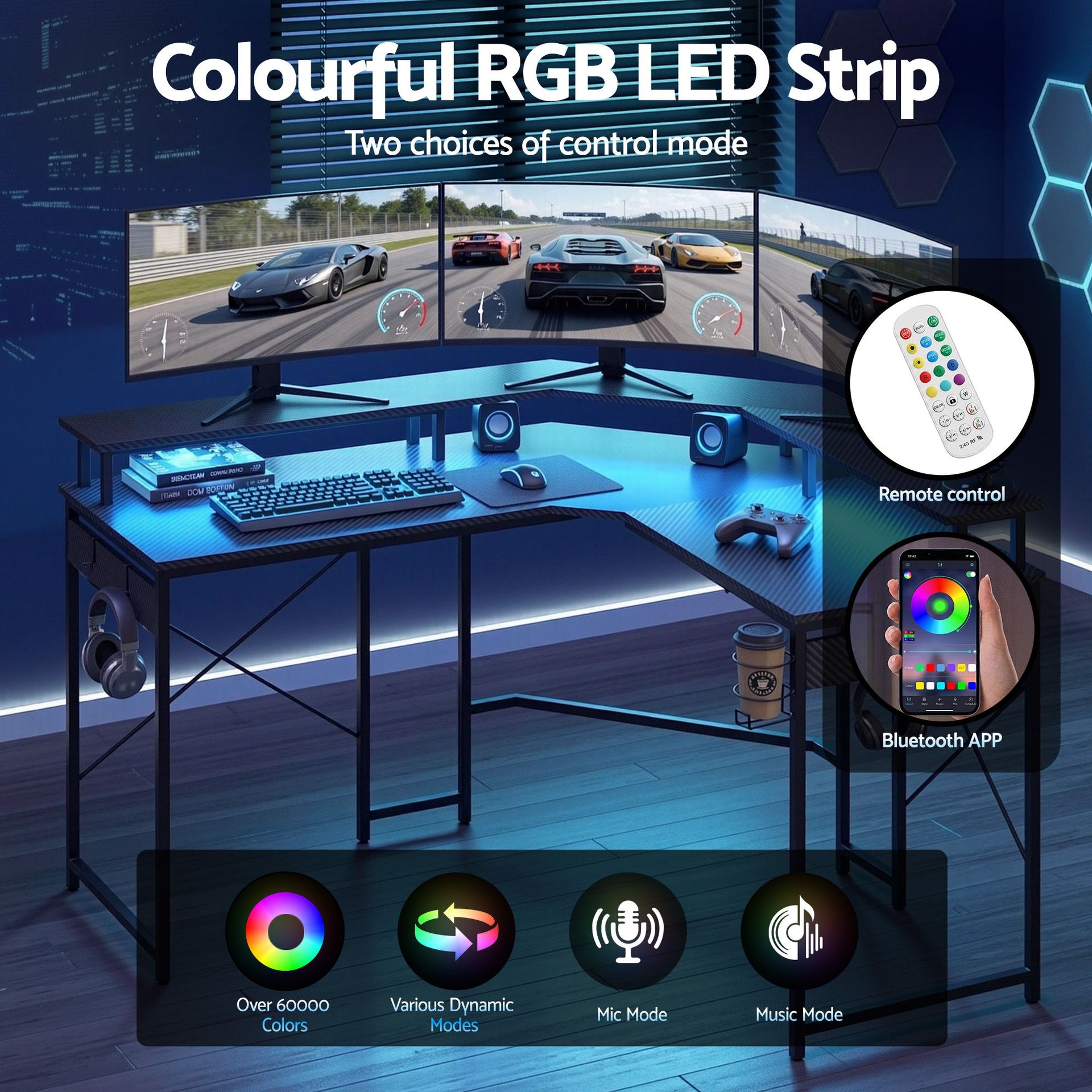 Artiss L-Shape Gaming Desk Computer Desks RGB LED Power Outlet 130cm Black Awezingly