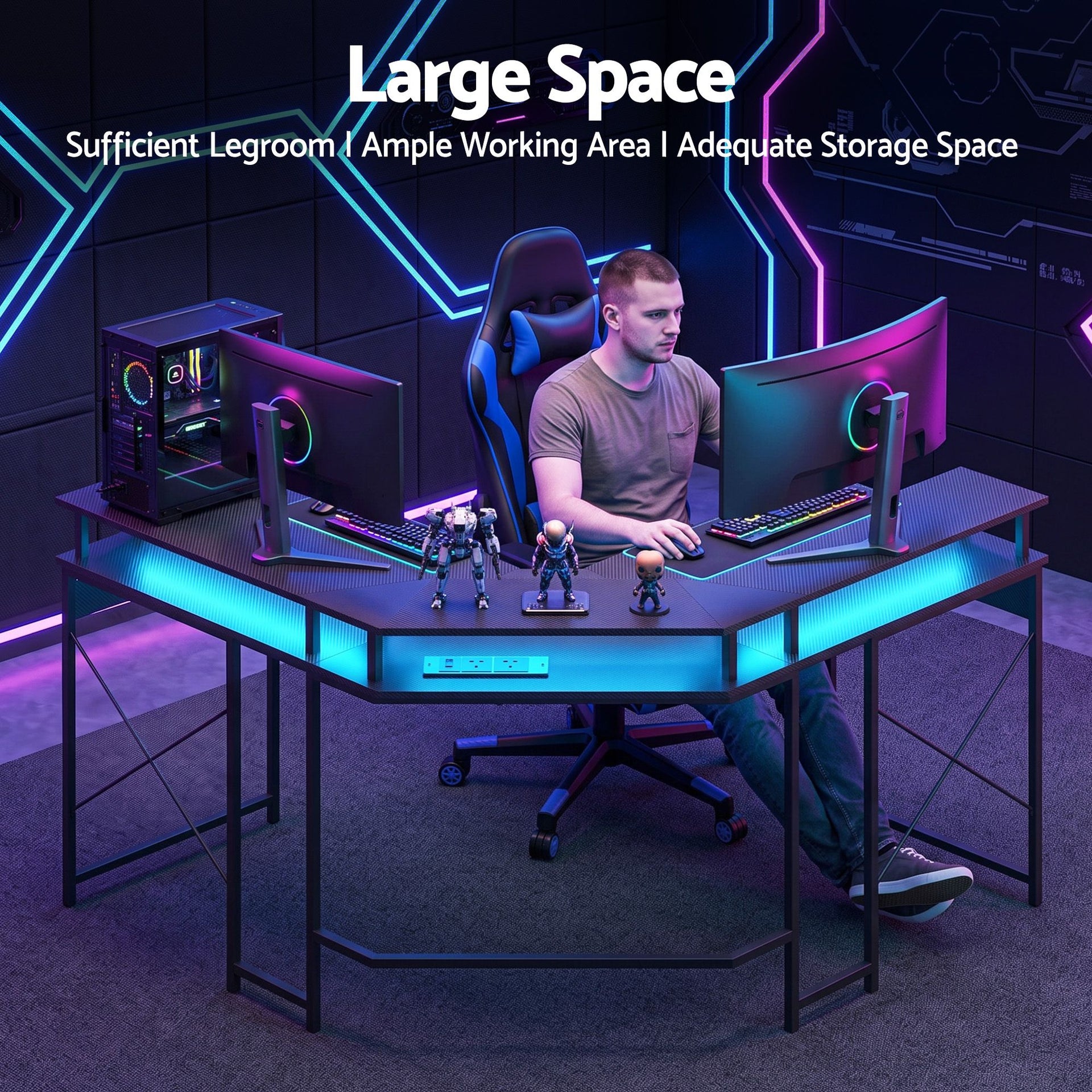 Artiss L-Shape Gaming Desk Computer Desks RGB LED Power Outlet 130cm Black Awezingly