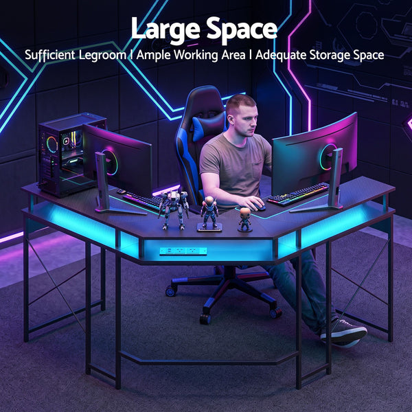 Artiss L-Shape Gaming Desk Computer Desks RGB LED Power Outlet 130cm Black Awezingly