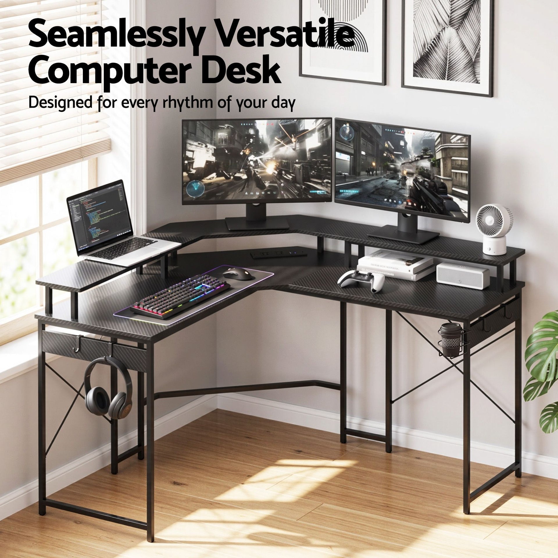 Artiss L-Shape Gaming Desk Computer Desks RGB LED Power Outlet 130cm Black Awezingly