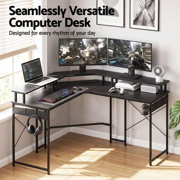 Artiss L-Shape Gaming Desk Computer Desks RGB LED Power Outlet 130cm Black Awezingly