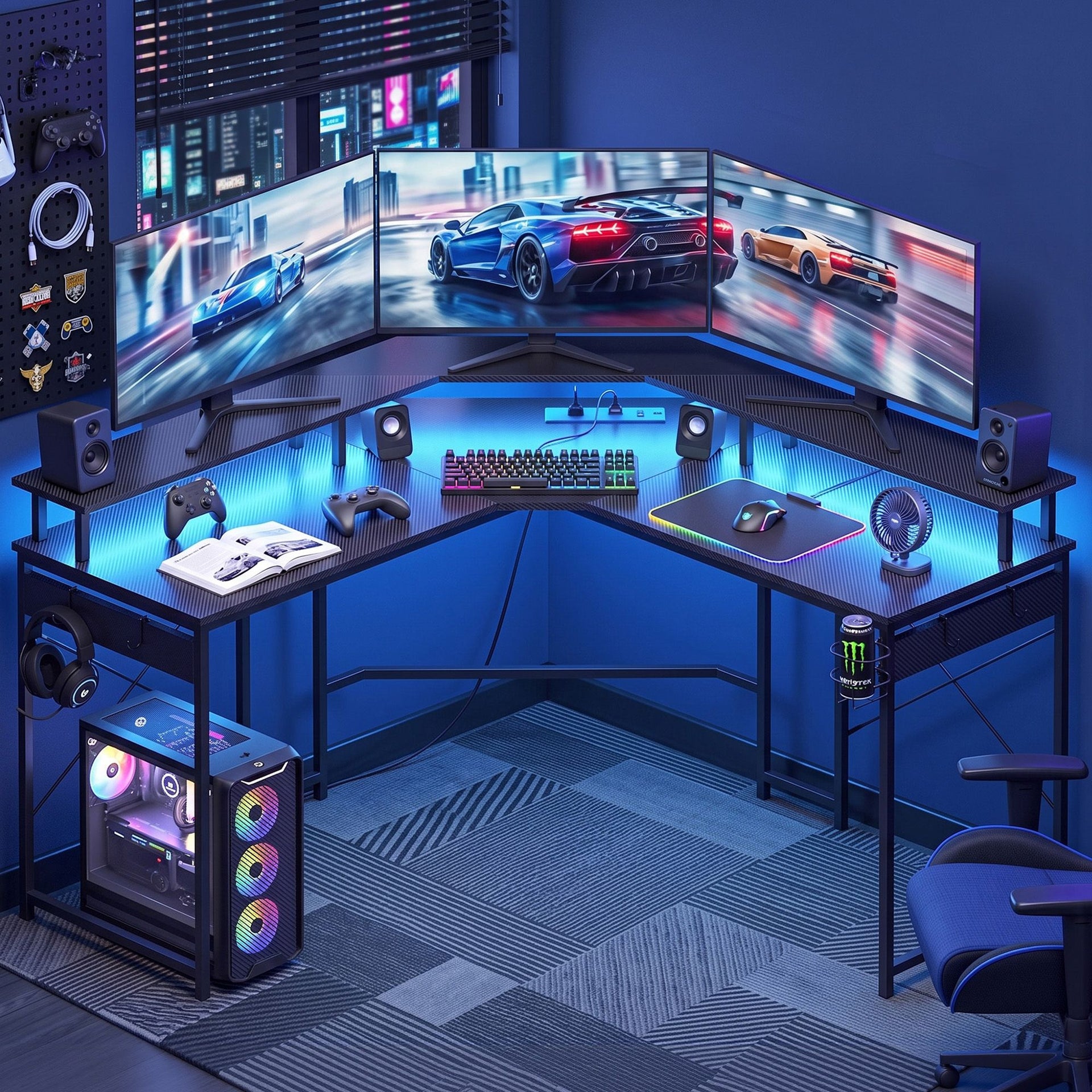 Artiss L-Shape Gaming Desk Computer Desks RGB LED Power Outlet 130cm Black Awezingly