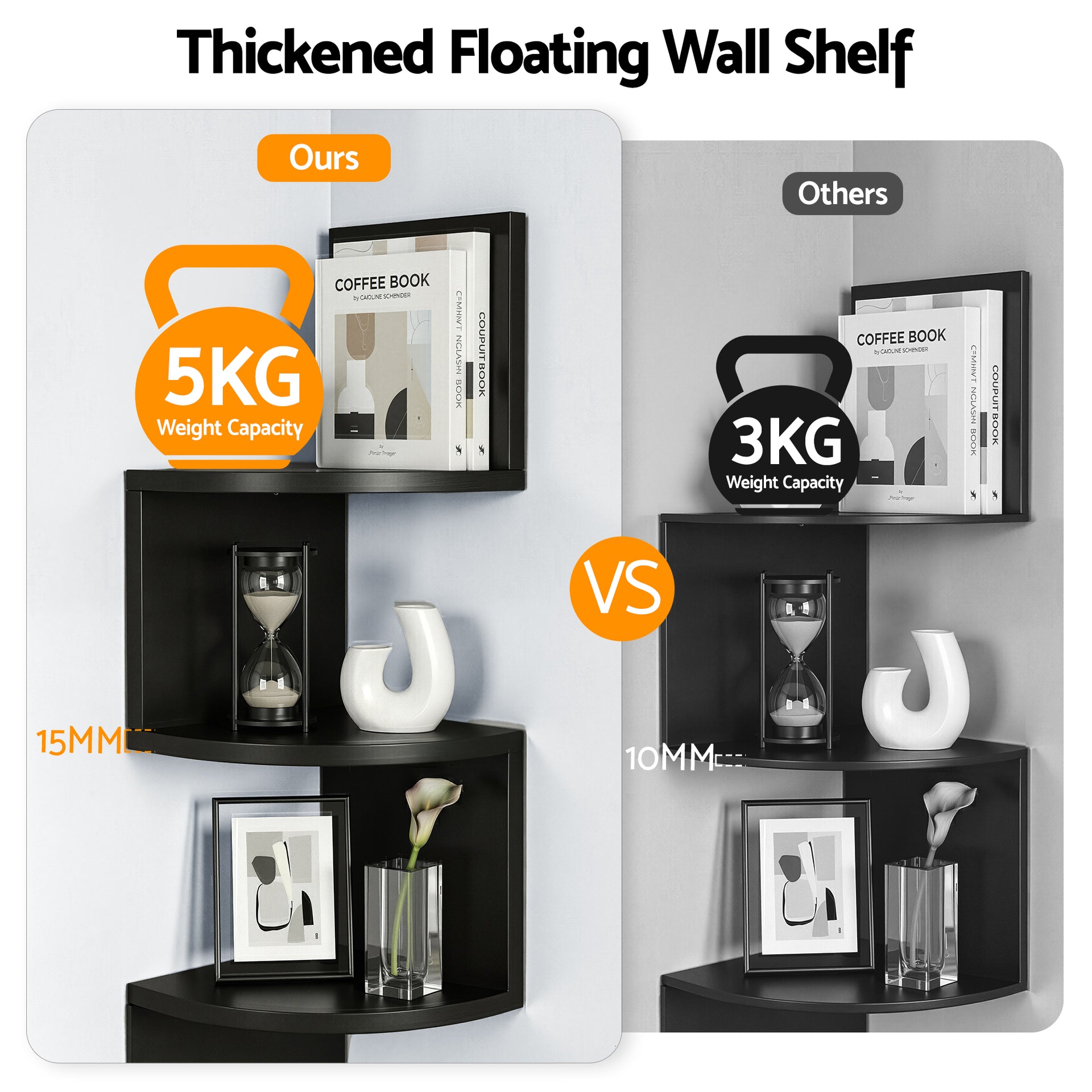 Artiss Wall Shelf Bookshelf Corner Floating 5-Tier Black Awezingly