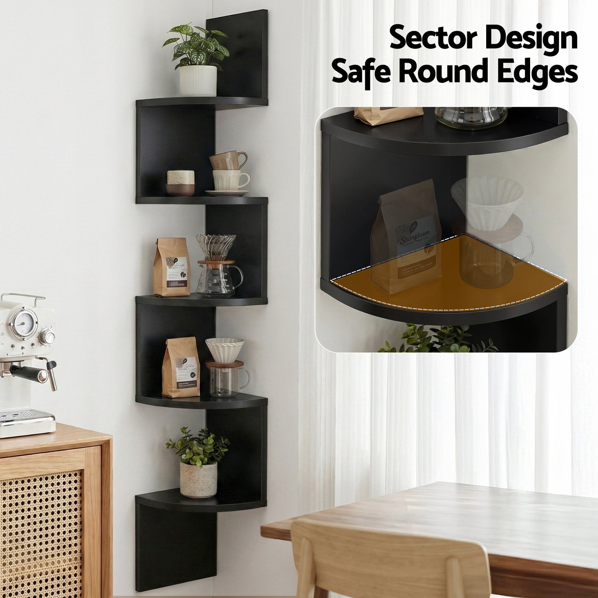 Artiss Wall Shelf Bookshelf Corner Floating 5-Tier Black Awezingly