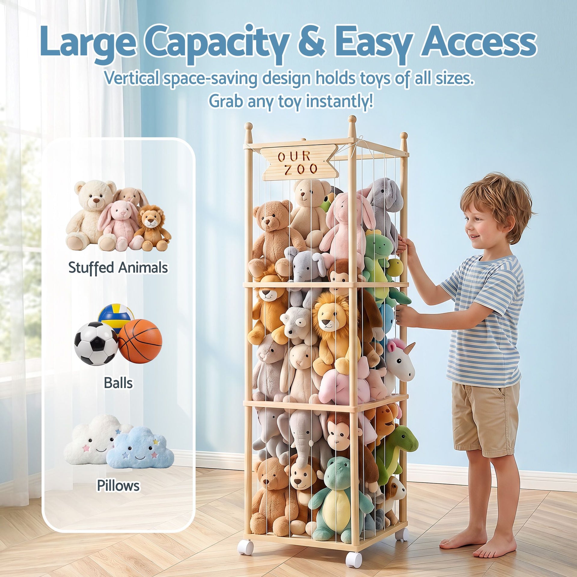 Keezi Stuffed Animal Storage Wooden Toy Holder with Wheels Soft Toy Storage Zoo Cage Stuffy Toy Storage Organizers with Elastic Cords for Playroom Bedroom Nursery Awezingly