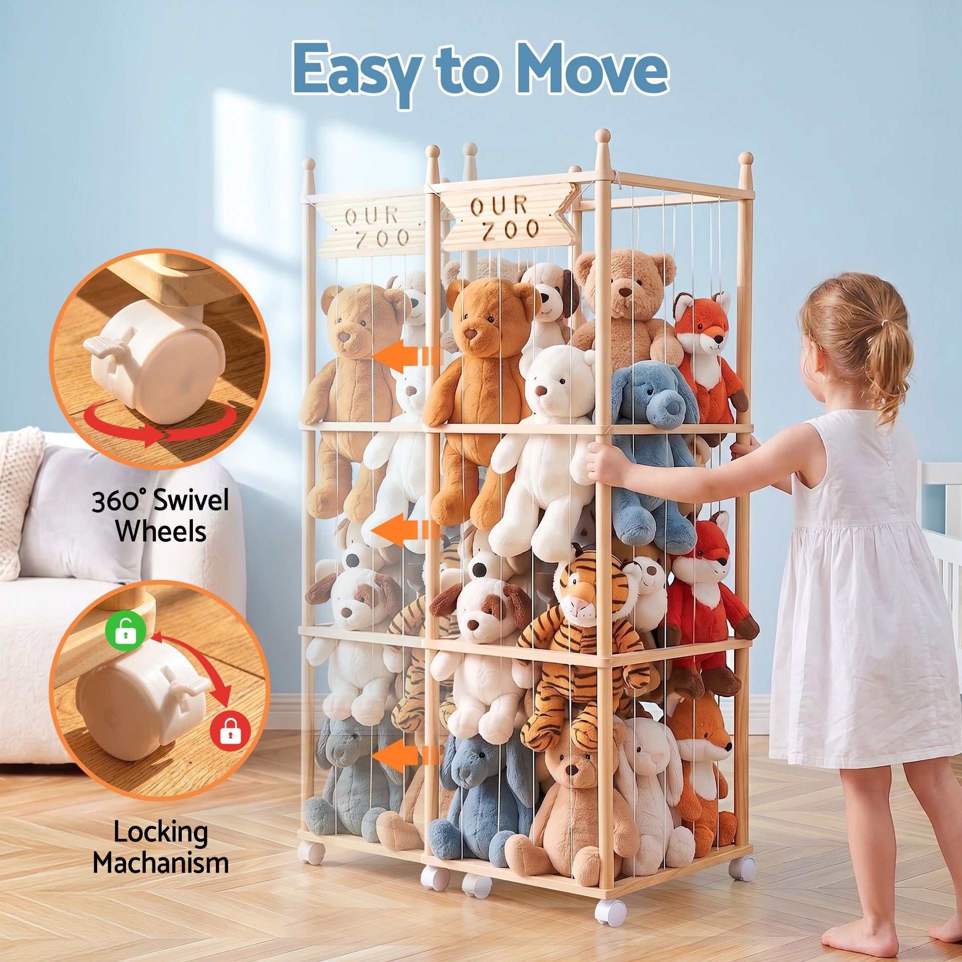 Keezi Stuffed Animal Storage Wooden Toy Holder with Wheels Soft Toy Storage Zoo Cage Stuffy Toy Storage Organizers with Elastic Cords for Playroom Bedroom Nursery Awezingly