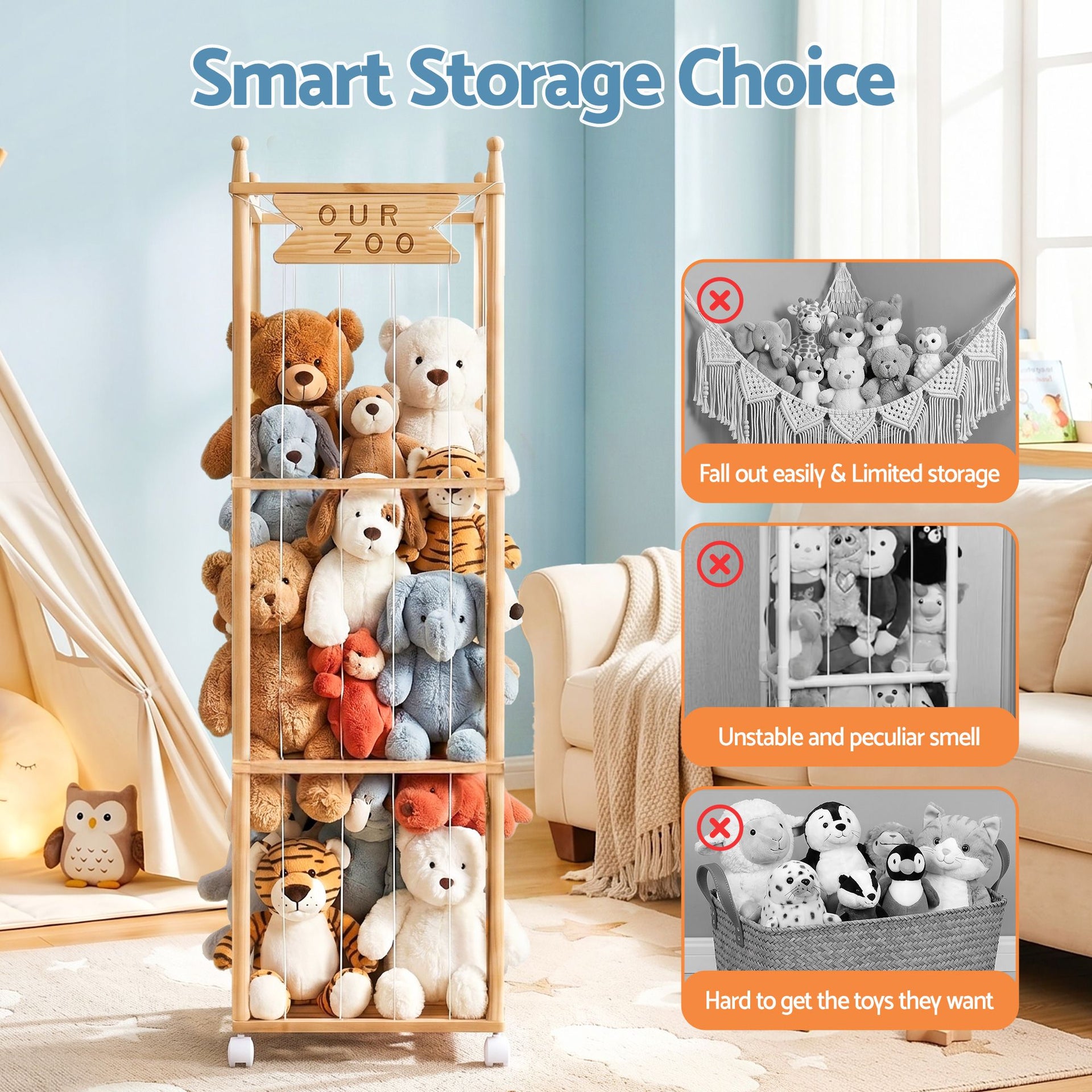 Keezi Stuffed Animal Storage Wooden Toy Holder with Wheels Soft Toy Storage Zoo Cage Stuffy Toy Storage Organizers with Elastic Cords for Playroom Bedroom Nursery Awezingly