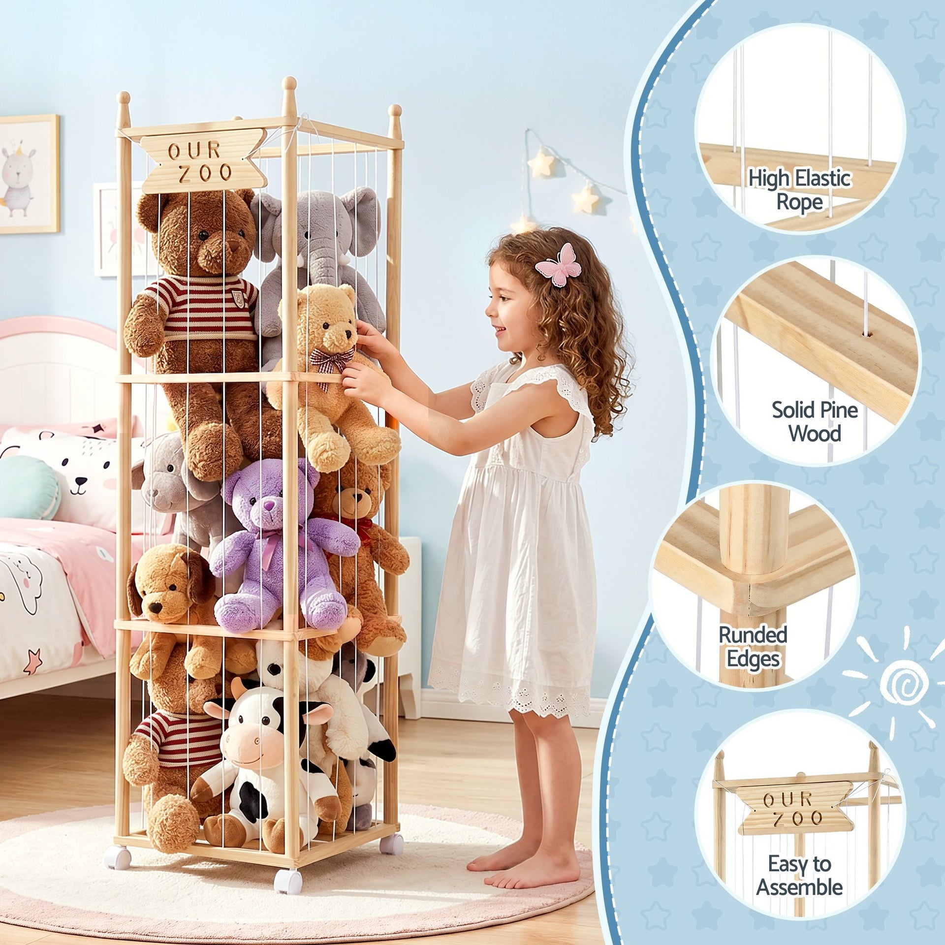 Keezi Stuffed Animal Storage Wooden Toy Holder with Wheels Soft Toy Storage Zoo Cage Stuffy Toy Storage Organizers with Elastic Cords for Playroom Bedroom Nursery Awezingly