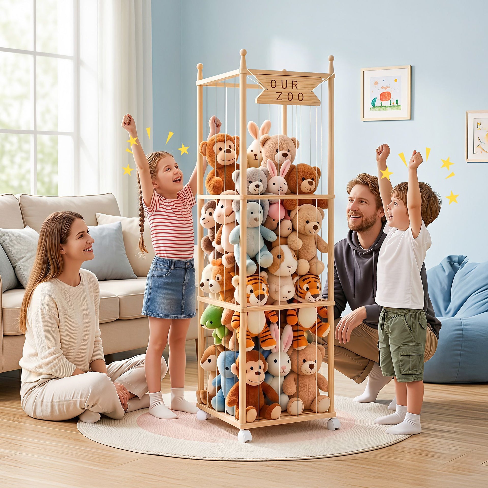 Keezi Stuffed Animal Storage Wooden Toy Holder with Wheels Soft Toy Storage Zoo Cage Stuffy Toy Storage Organizers with Elastic Cords for Playroom Bedroom Nursery Awezingly