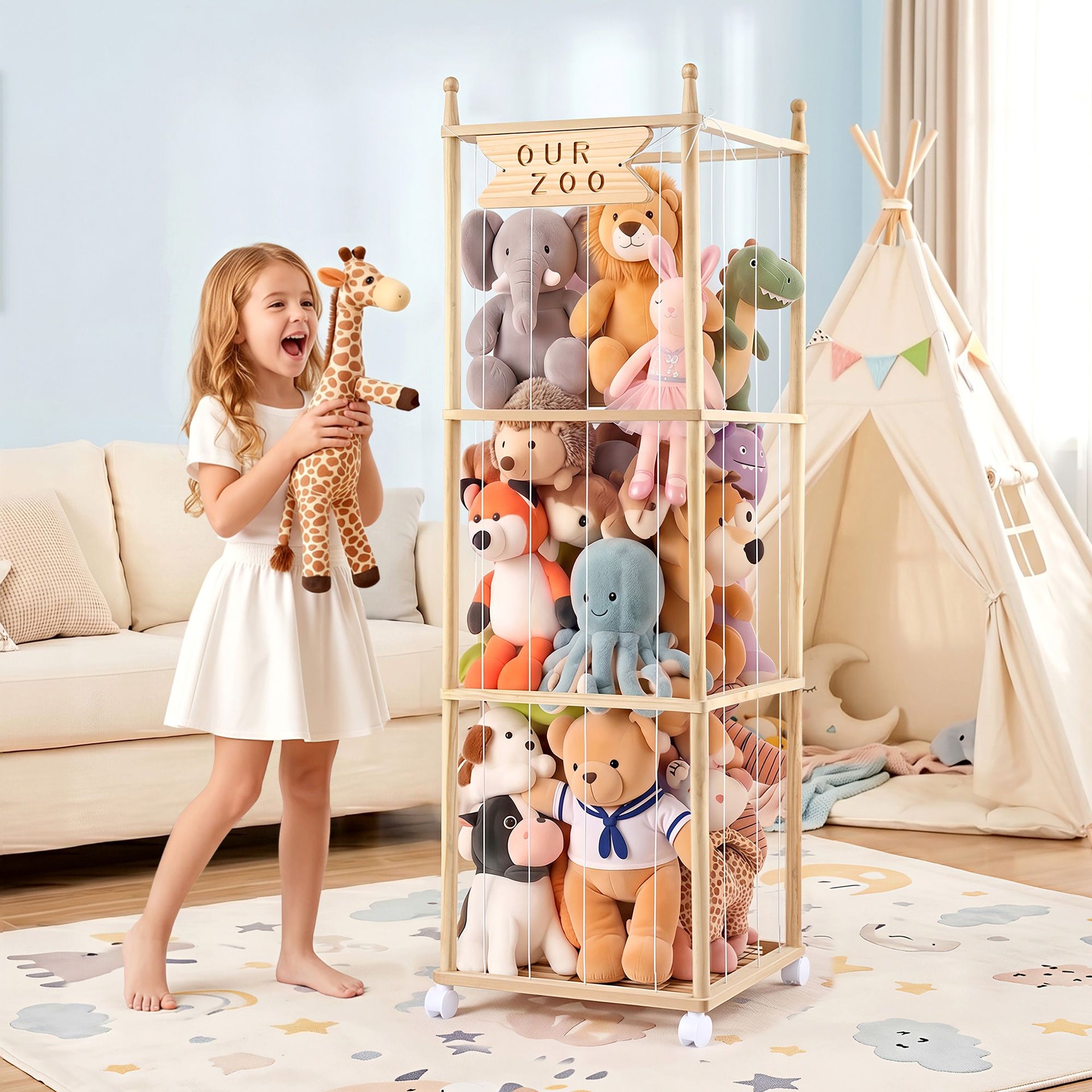 Keezi Stuffed Animal Storage Wooden Toy Holder with Wheels Soft Toy Storage Zoo Cage Stuffy Toy Storage Organizers with Elastic Cords for Playroom Bedroom Nursery Awezingly