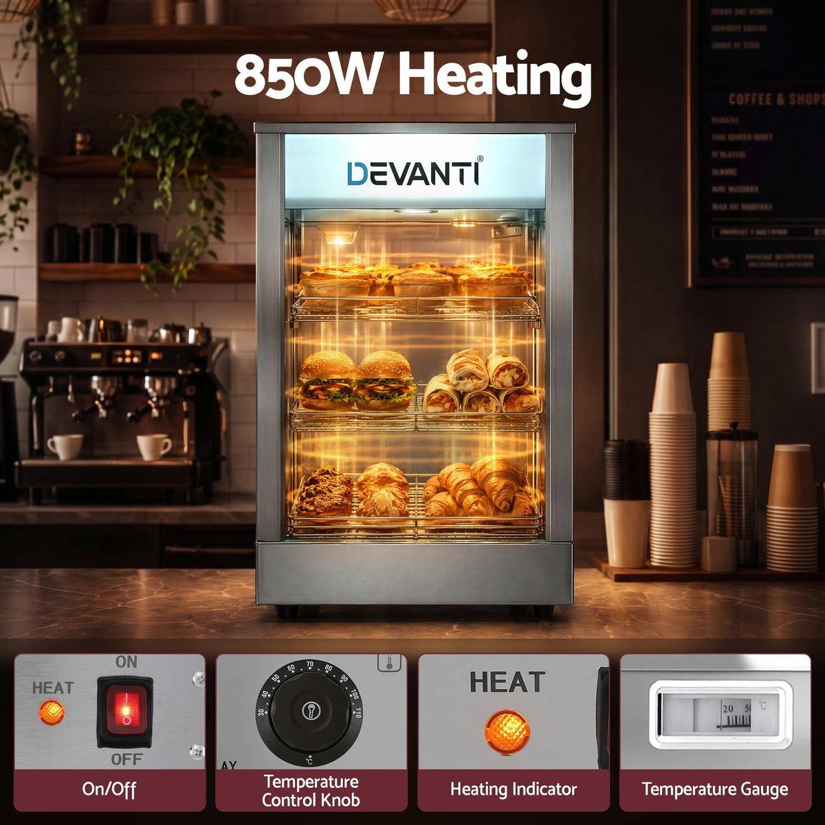 Devanti Commercial Food Warmer 850W 3 Shelf Heated Display Cabinet Awezingly