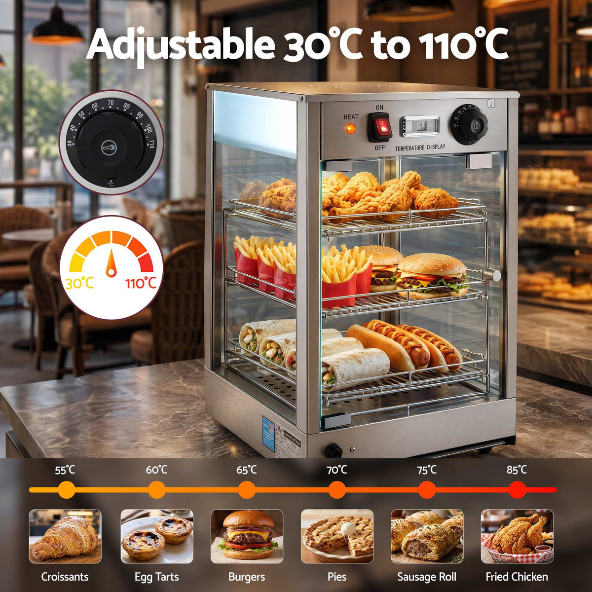 Devanti Commercial Food Warmer 850W 3 Shelf Heated Display Cabinet Awezingly