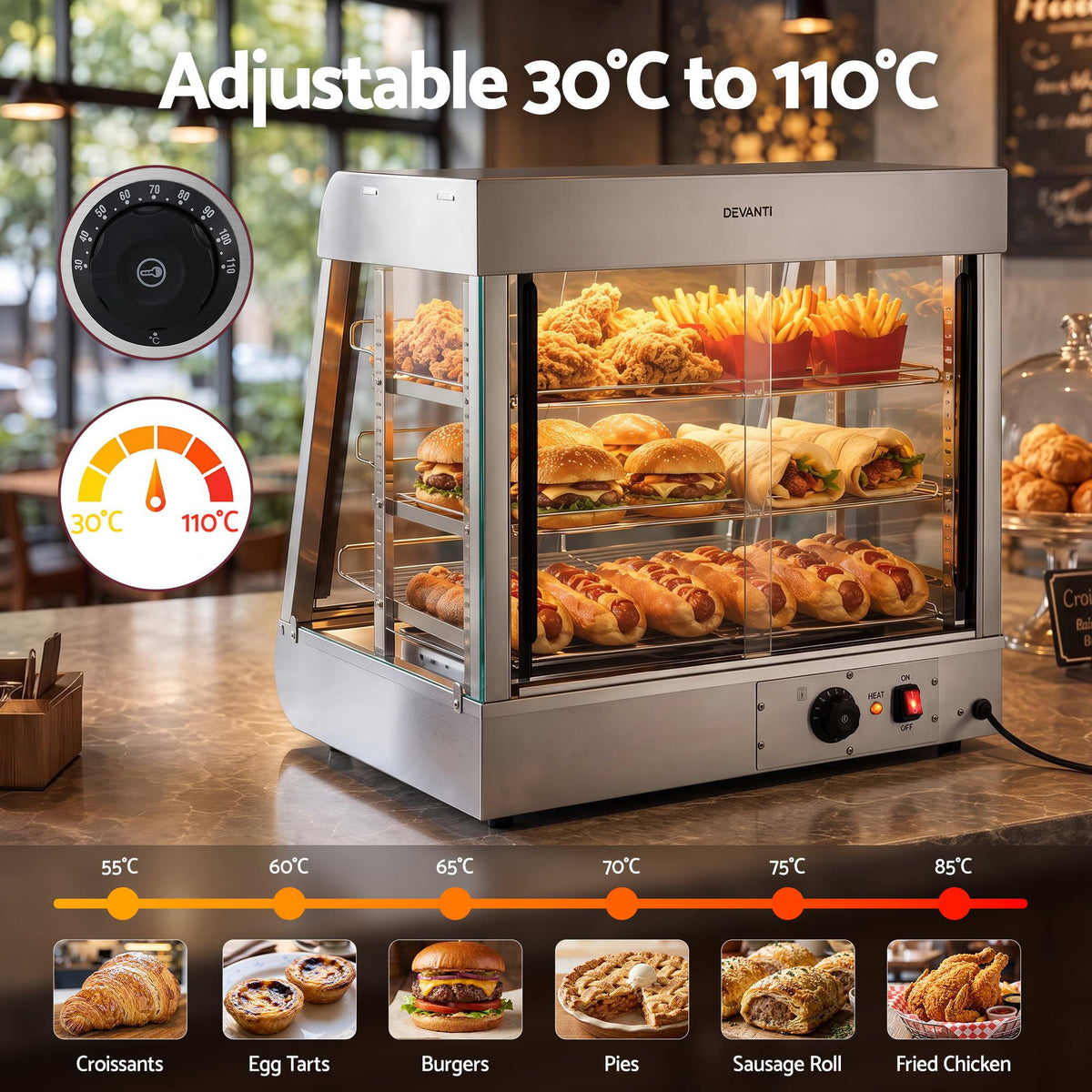 Devanti Commercial Food Warmer 1500W 3 Shelf Heated Display Cabinet Awezingly