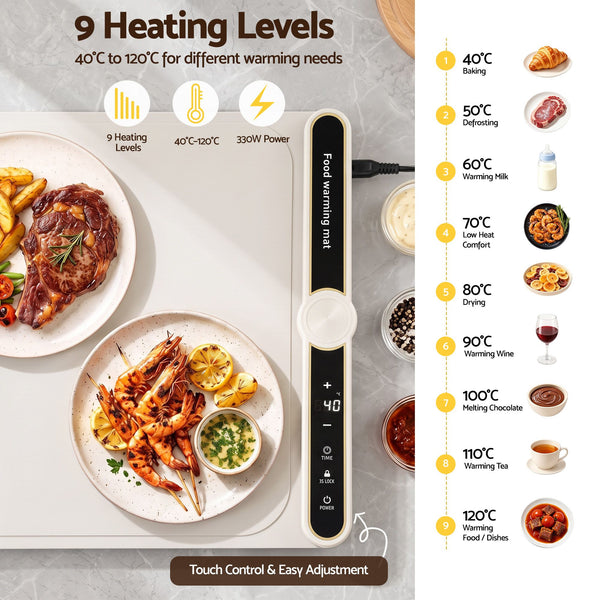 Devanti Food Warming Mat 60 x 38cm Electric Food Warmer With Timer White Awezingly