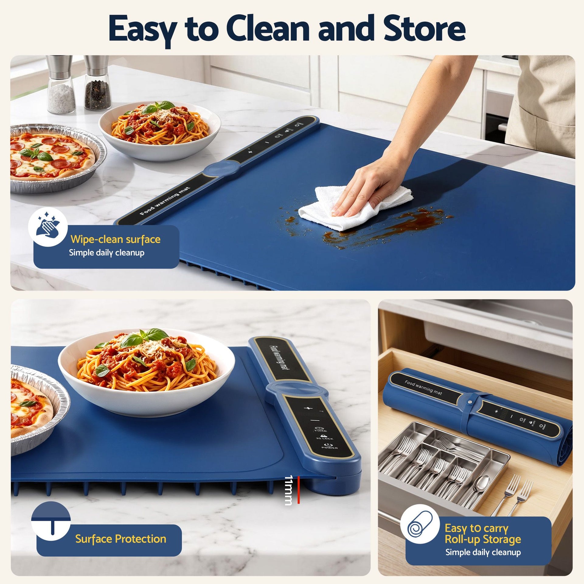 Devanti Food Warming Mat 80cm Electric Food Warmer Roll Up Buffet Tray Blue Awezingly