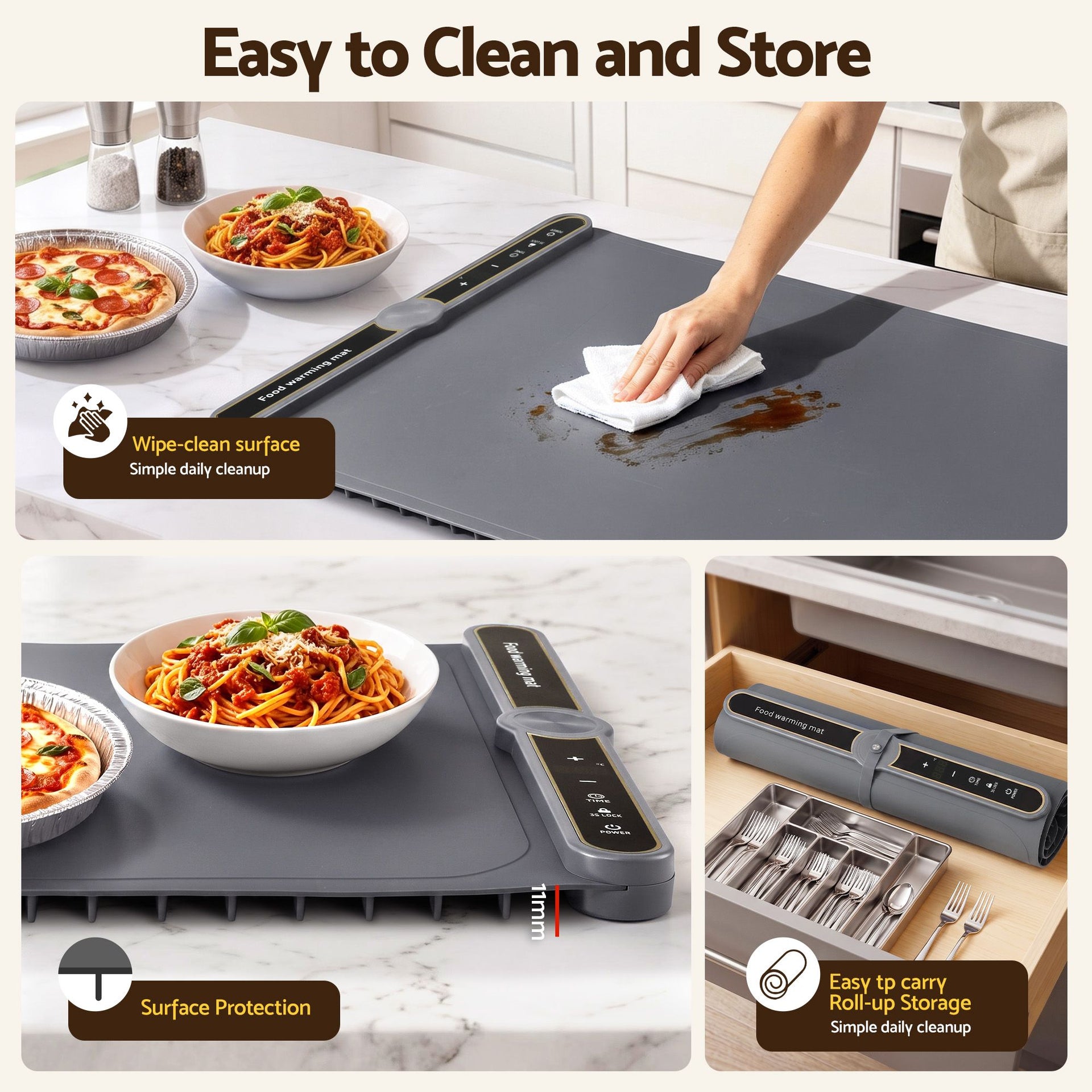 Devanti Food Warming Mat 80cm Electric Food Warmer Roll Up Buffet Tray Grey Devanti
