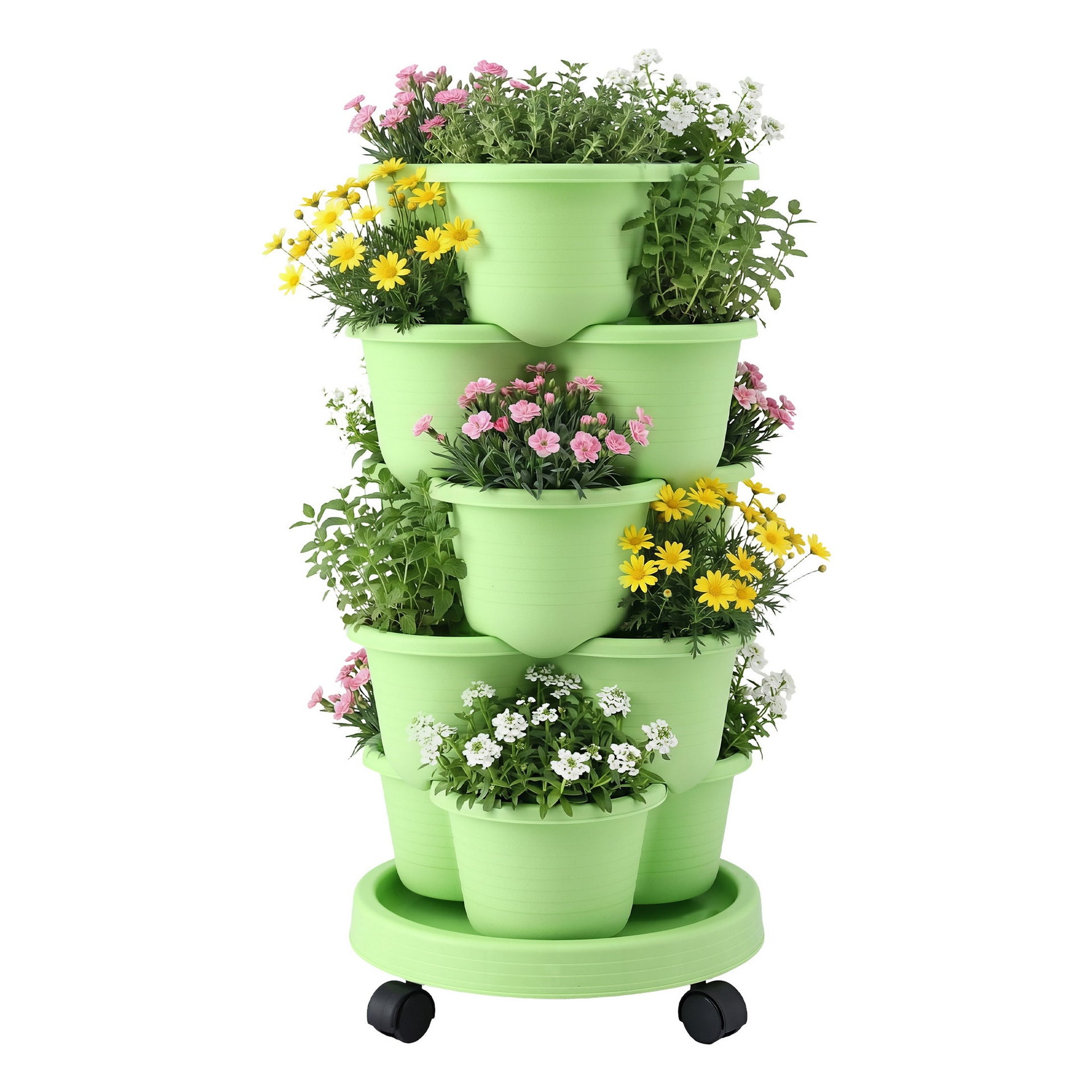 Green Fingers 5 Tier Vertical Garden Planter, Stackable Planters with Wheels, Light Green, Garden Bed, Garden Tower Indoor Outdoor, Auto Drainage System, for Strawberries, Herbs, Flowers, Vegetables Awezingly